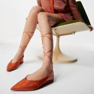 Zara Orange Lace Up Rhinestone Pointed Toe Flat Slingback Sandals Size 6/36